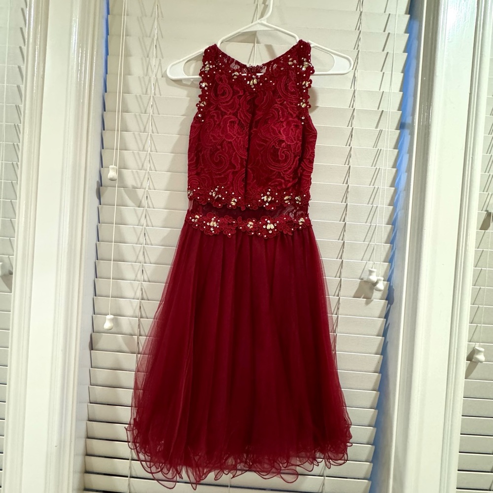 May Queen - MQ1268 Illusion Two Piece Lace and Tulle Cocktail Dress Burgundy